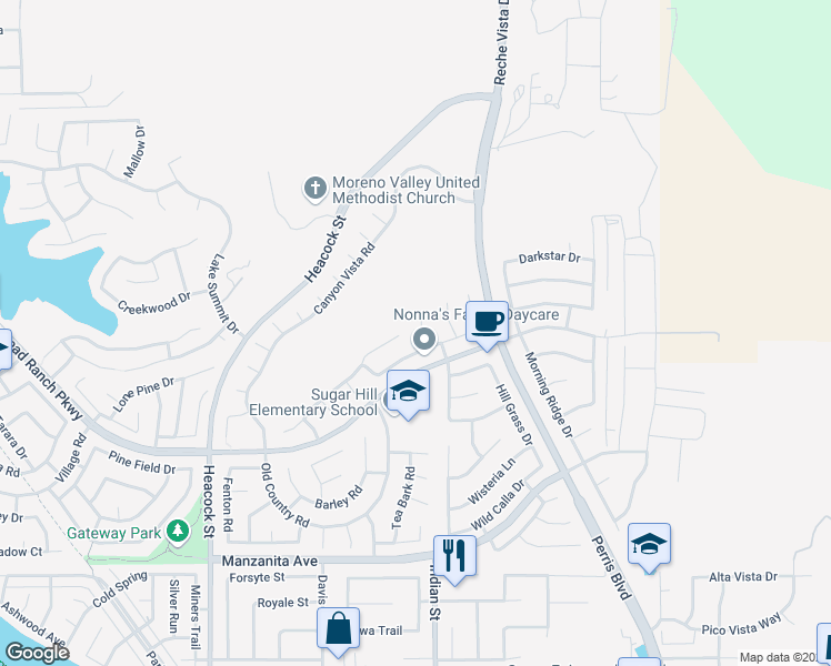 map of restaurants, bars, coffee shops, grocery stores, and more near 10482 Sagecrest Drive in Moreno Valley