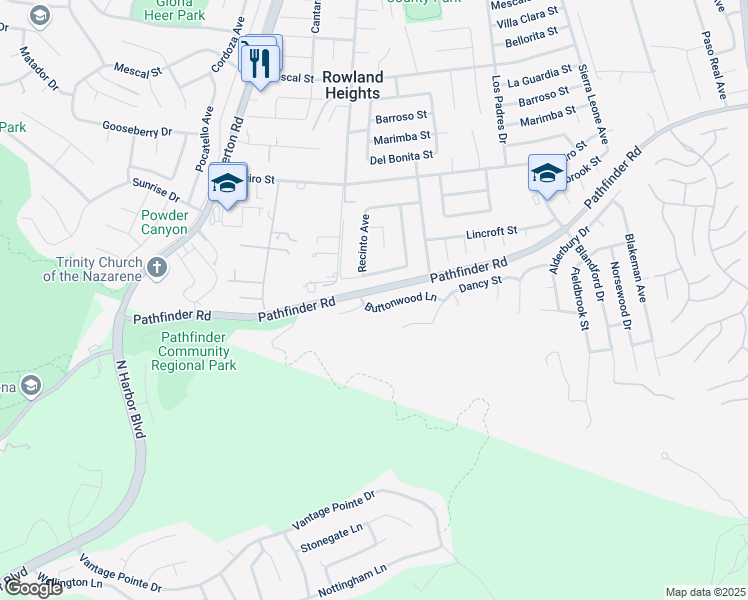 map of restaurants, bars, coffee shops, grocery stores, and more near 18425 Buttonwood Lane in Rowland Heights