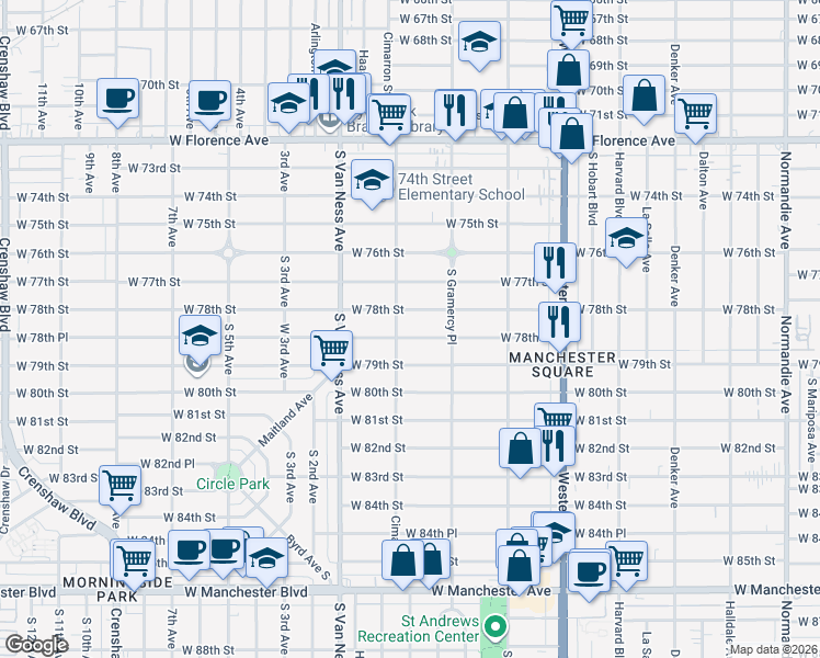 map of restaurants, bars, coffee shops, grocery stores, and more near 2058 West 78th Street in Los Angeles
