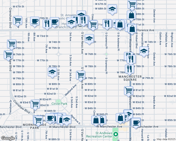 map of restaurants, bars, coffee shops, grocery stores, and more near 2142 West 78th Street in Los Angeles