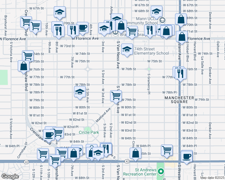 map of restaurants, bars, coffee shops, grocery stores, and more near 2223 West 78th Place in Inglewood