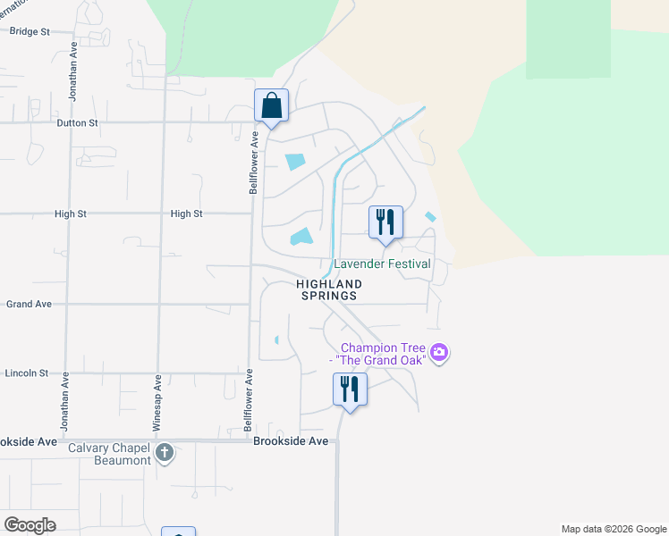 map of restaurants, bars, coffee shops, grocery stores, and more near 10521 Overland Trail in Cherry Valley