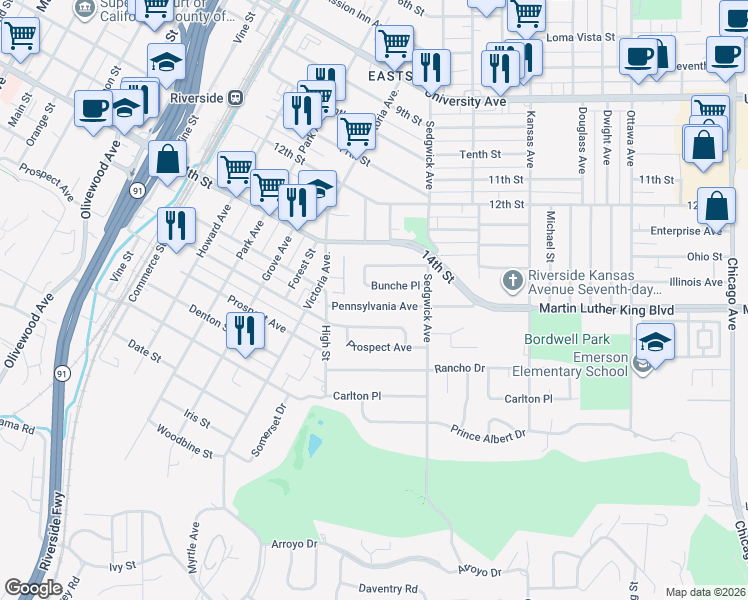 map of restaurants, bars, coffee shops, grocery stores, and more near 4471 Langston Place in Riverside