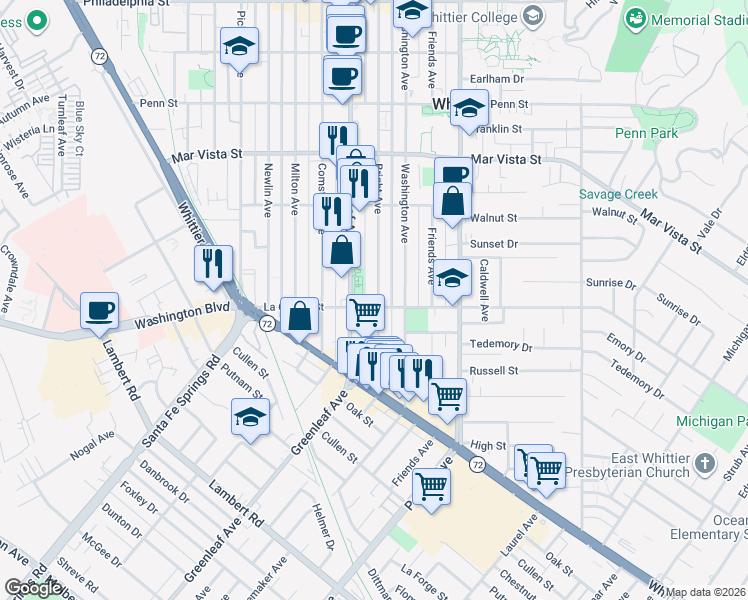 map of restaurants, bars, coffee shops, grocery stores, and more near 7935 Bright Avenue in Whittier