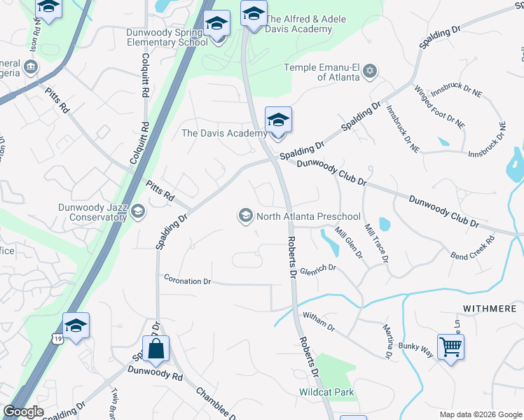 map of restaurants, bars, coffee shops, grocery stores, and more near 1173 Whitehall Pointe in Dunwoody