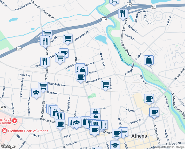 map of restaurants, bars, coffee shops, grocery stores, and more near 240 Savannah Avenue in Athens