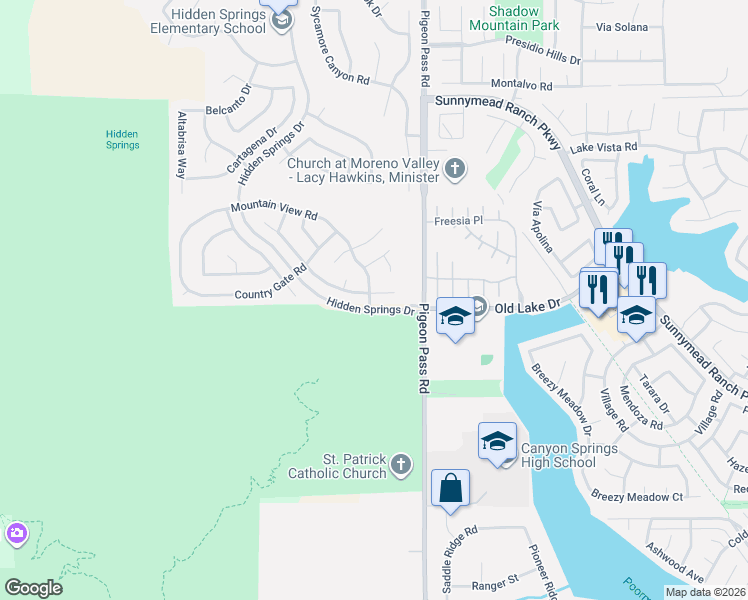 map of restaurants, bars, coffee shops, grocery stores, and more near 22901 Springdale Drive in Moreno Valley