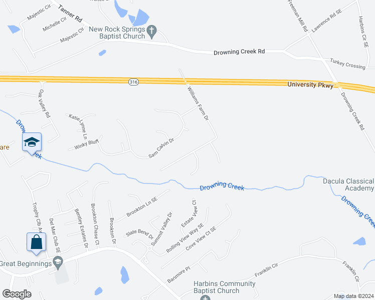 map of restaurants, bars, coffee shops, grocery stores, and more near 2930 Williams Farm Drive in Dacula