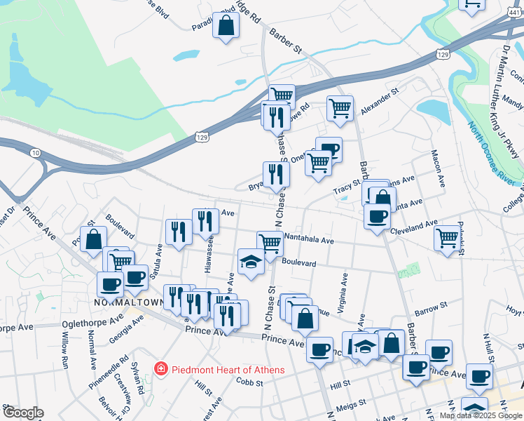 map of restaurants, bars, coffee shops, grocery stores, and more near 151 Chattooga Avenue in Athens