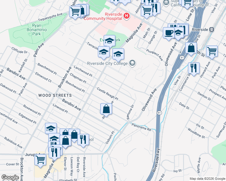 map of restaurants, bars, coffee shops, grocery stores, and more near 3642 Larchwood Place in Riverside