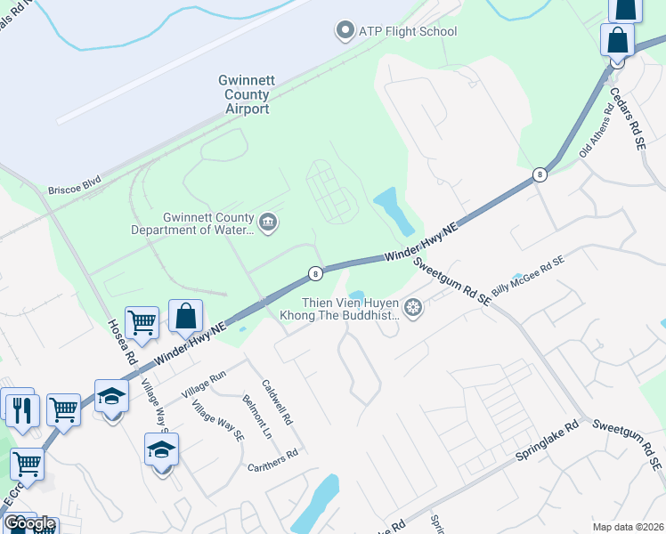 map of restaurants, bars, coffee shops, grocery stores, and more near 606 Winder Highway Northeast in Lawrenceville