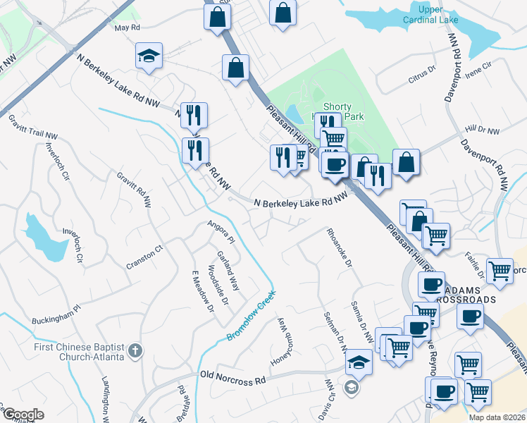 map of restaurants, bars, coffee shops, grocery stores, and more near 2580 North Berkeley Lake Road Northwest in Duluth