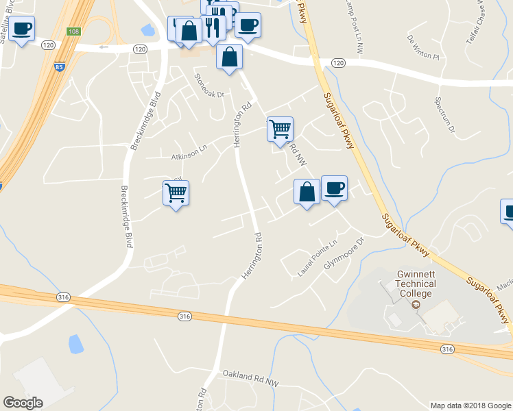 map of restaurants, bars, coffee shops, grocery stores, and more near 2126 Mission View Drive Northwest in Lawrenceville