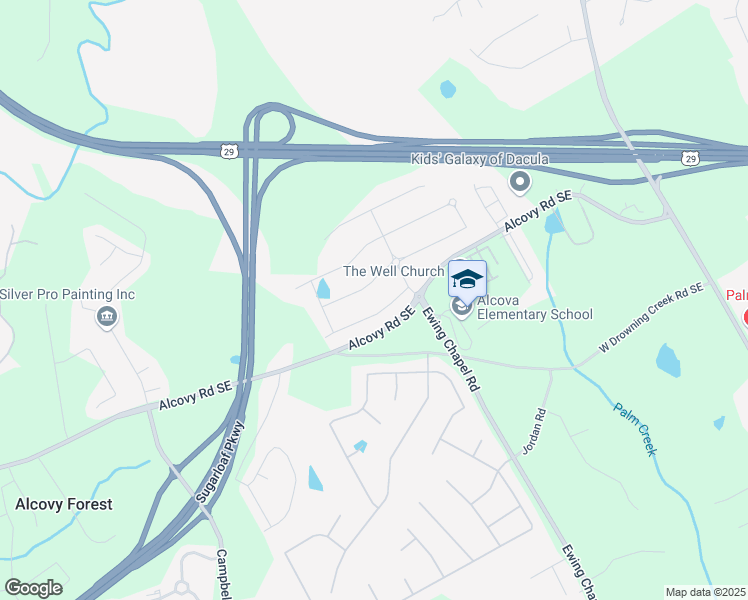 map of restaurants, bars, coffee shops, grocery stores, and more near 2053 Alcovy Road Southeast in Dacula