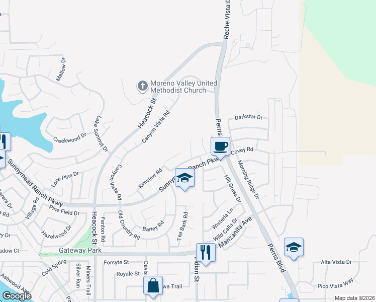 map of restaurants, bars, coffee shops, grocery stores, and more near 10482 Sagecrest Drive in Moreno Valley