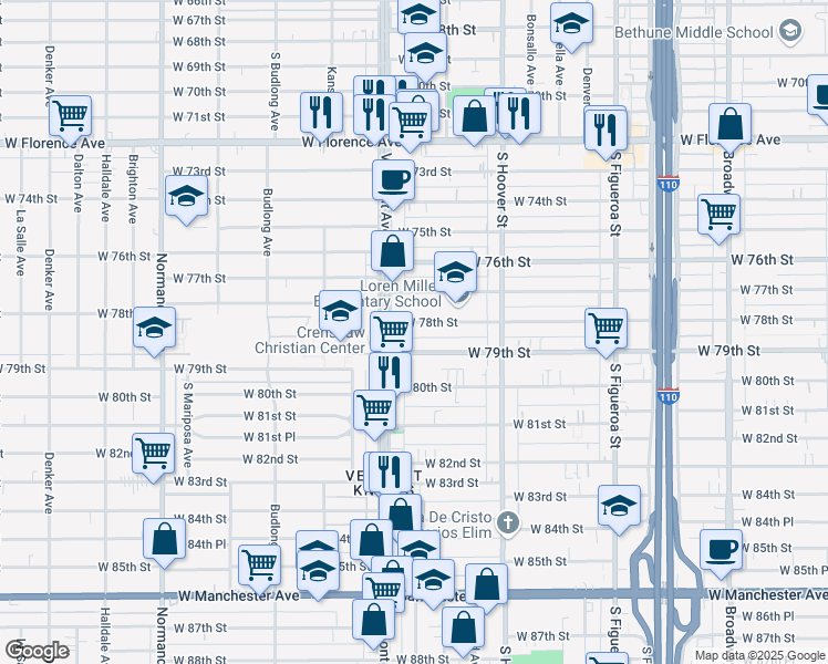 map of restaurants, bars, coffee shops, grocery stores, and more near 936 West 78th Street in Los Angeles