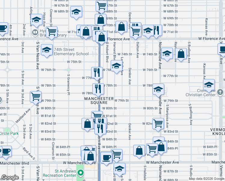 map of restaurants, bars, coffee shops, grocery stores, and more near 7802 Harvard Boulevard in Los Angeles