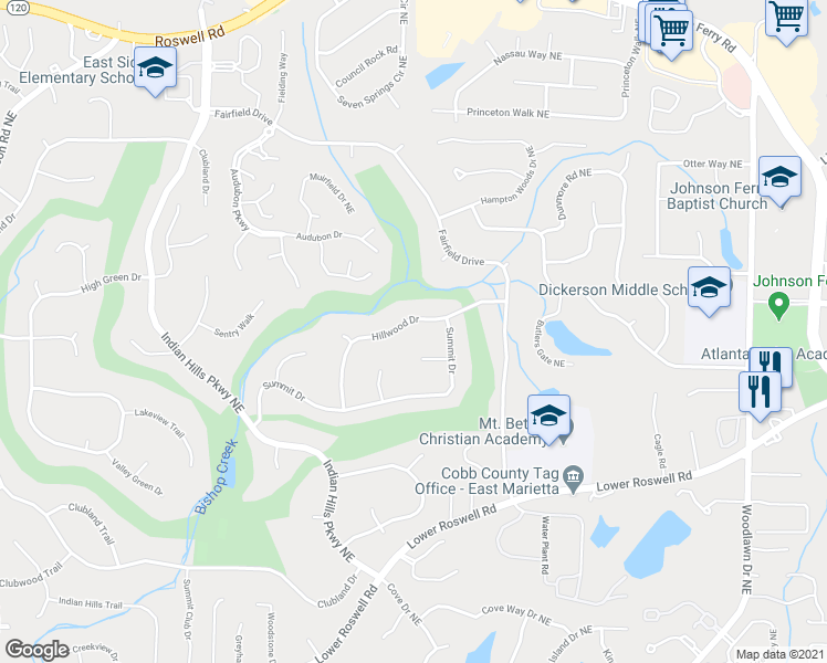 map of restaurants, bars, coffee shops, grocery stores, and more near 816 Hillwood Drive in Marietta