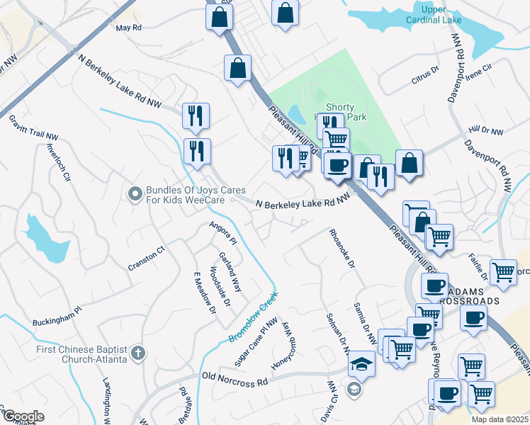 map of restaurants, bars, coffee shops, grocery stores, and more near 2580 North Berkeley Lake Road Northwest in Duluth