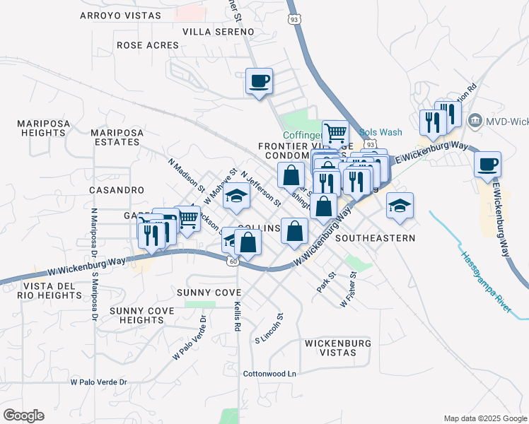map of restaurants, bars, coffee shops, grocery stores, and more near 268 North Jefferson Street in Wickenburg