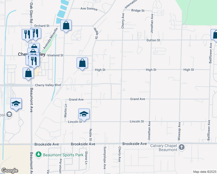 map of restaurants, bars, coffee shops, grocery stores, and more near 39954 Cherry Valley Boulevard in Cherry Valley
