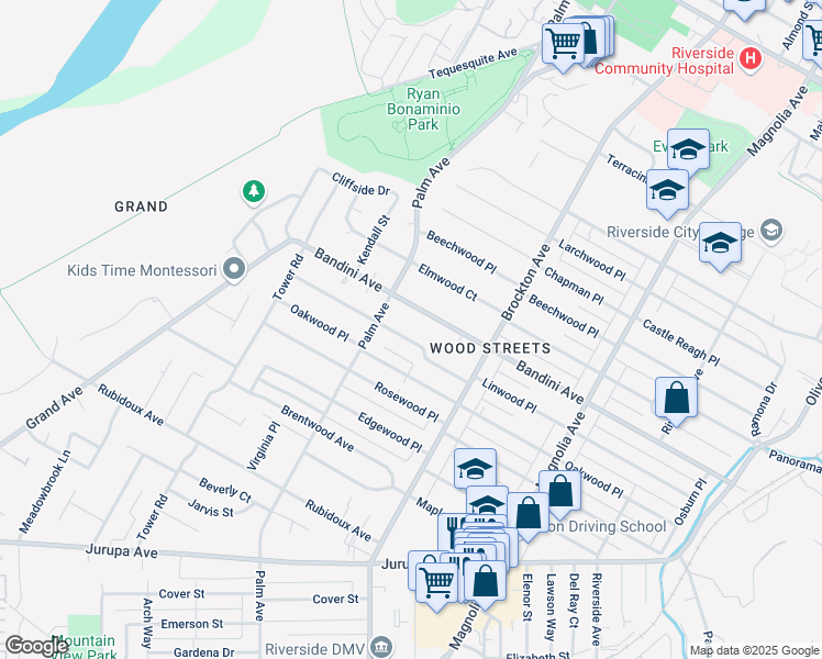 map of restaurants, bars, coffee shops, grocery stores, and more near 4360 Bandini Avenue in Riverside
