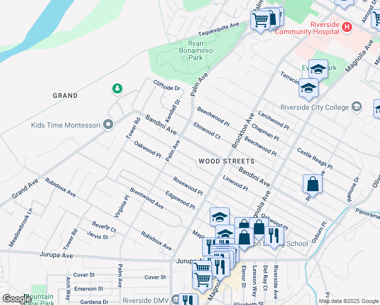 map of restaurants, bars, coffee shops, grocery stores, and more near 4360 Bandini Avenue in Riverside