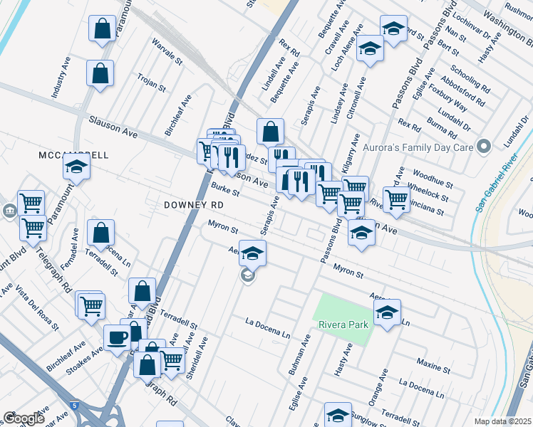map of restaurants, bars, coffee shops, grocery stores, and more near 9141 Burke Street in Pico Rivera