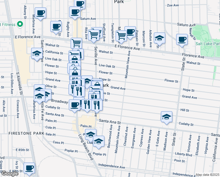 map of restaurants, bars, coffee shops, grocery stores, and more near 2737 Grand Avenue in Huntington Park