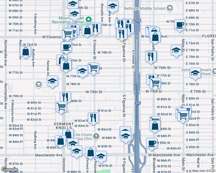 map of restaurants, bars, coffee shops, grocery stores, and more near 701 West 78th Street in Los Angeles