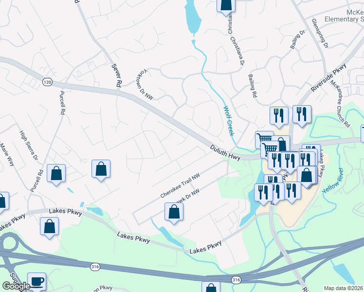 map of restaurants, bars, coffee shops, grocery stores, and more near 1231 Della Way in Lawrenceville