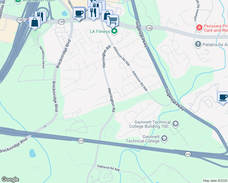 map of restaurants, bars, coffee shops, grocery stores, and more near 2136 Mission View Drive Northwest in Lawrenceville