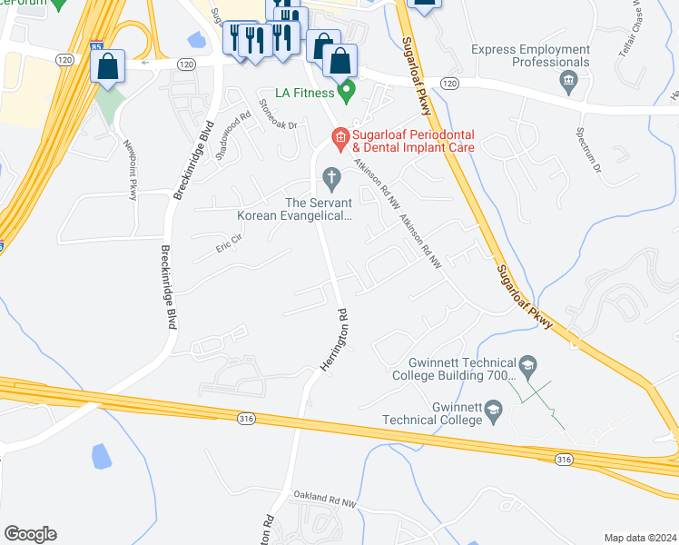 map of restaurants, bars, coffee shops, grocery stores, and more near 2126 Mission View Drive Northwest in Lawrenceville