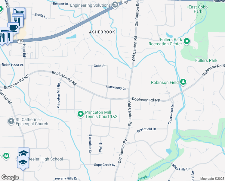 map of restaurants, bars, coffee shops, grocery stores, and more near 2984 Blackberry Lane in Marietta
