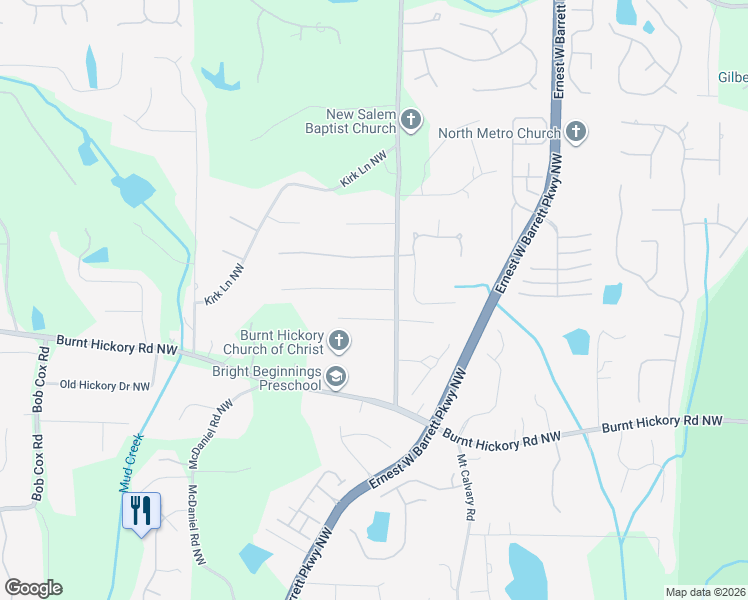 map of restaurants, bars, coffee shops, grocery stores, and more near 2305 Reubens Run in Marietta