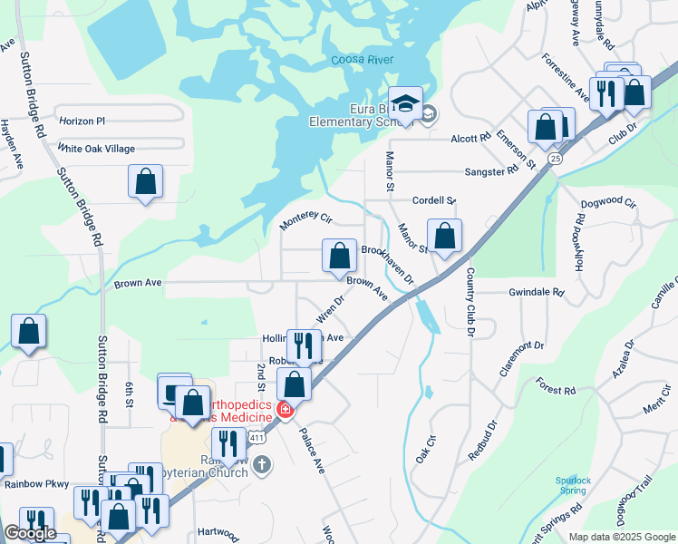 map of restaurants, bars, coffee shops, grocery stores, and more near 212 Brookhaven Drive in Gadsden