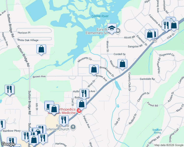 map of restaurants, bars, coffee shops, grocery stores, and more near 212 Brookhaven Drive in Gadsden
