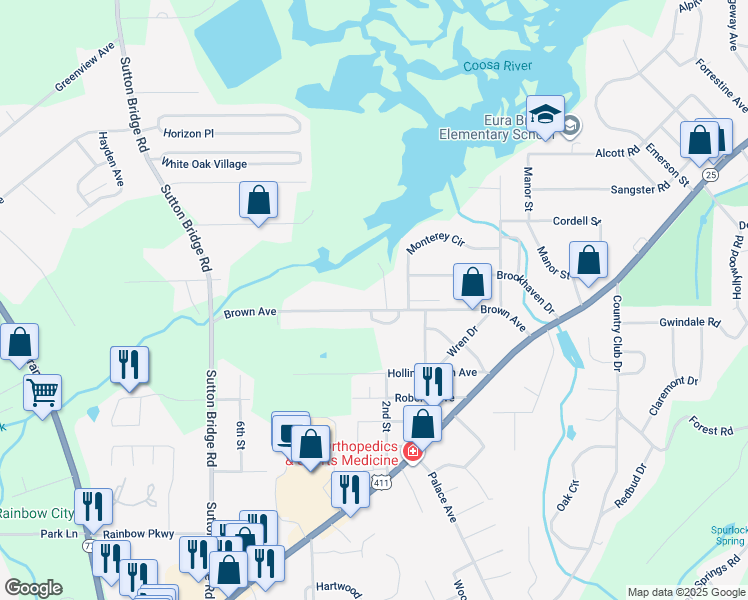 map of restaurants, bars, coffee shops, grocery stores, and more near 303 Brown Avenue in Rainbow City