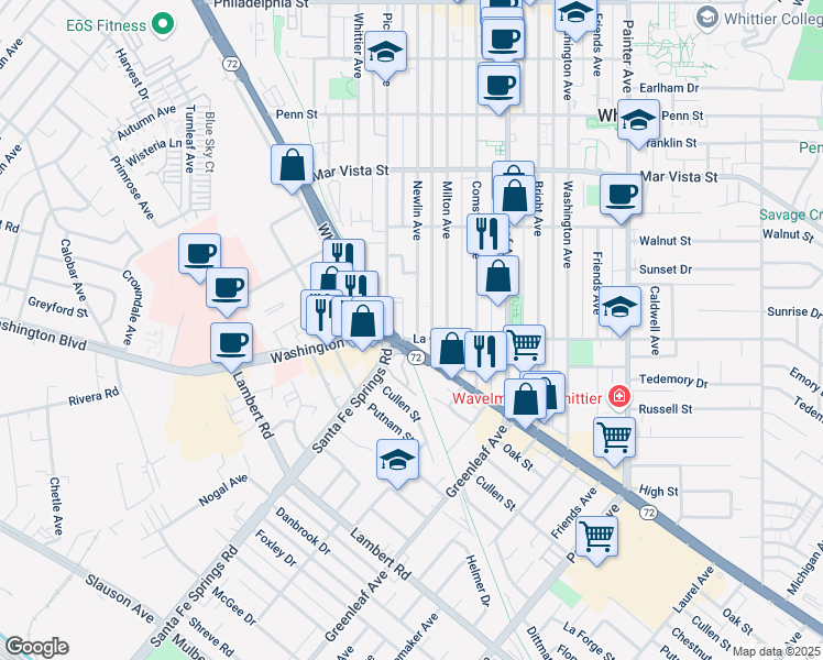 map of restaurants, bars, coffee shops, grocery stores, and more near 7951 Newlin Avenue in Whittier