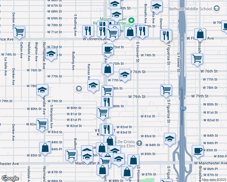 map of restaurants, bars, coffee shops, grocery stores, and more near 936 West 78th Street in Los Angeles