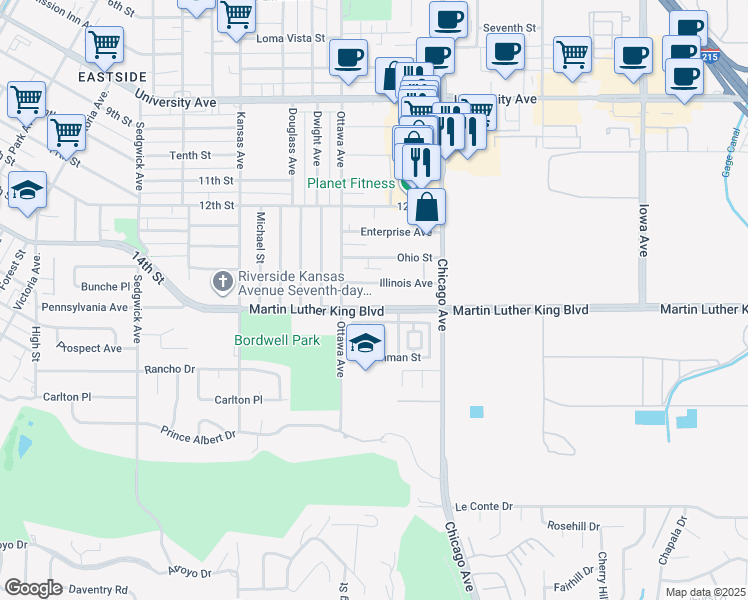 map of restaurants, bars, coffee shops, grocery stores, and more near 1835 Martin Luther King Boulevard in Riverside