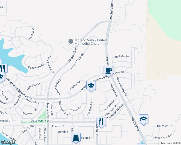 map of restaurants, bars, coffee shops, grocery stores, and more near 24460 Rimview Road in Moreno Valley