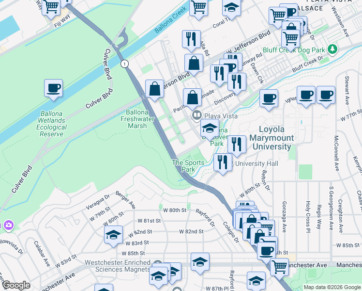 map of restaurants, bars, coffee shops, grocery stores, and more near 7225 S Crescent Park West in Los Angeles