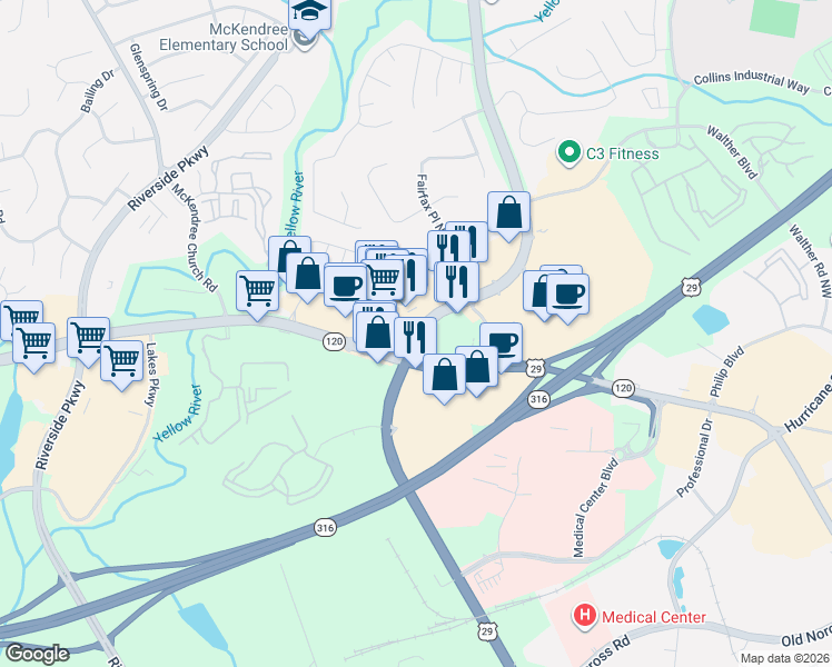 map of restaurants, bars, coffee shops, grocery stores, and more near 820 Lawrenceville Suwanee Road in Lawrenceville