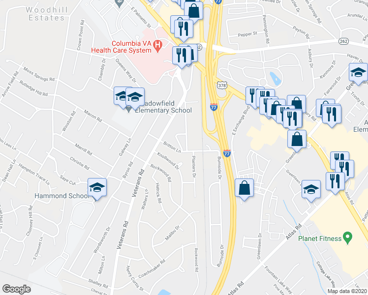 map of restaurants, bars, coffee shops, grocery stores, and more near 448 Cami Forest Lane in Columbia