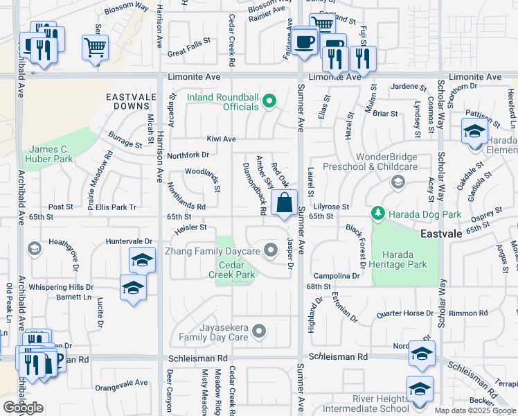 map of restaurants, bars, coffee shops, grocery stores, and more near 6567 Diamondback Road in Corona