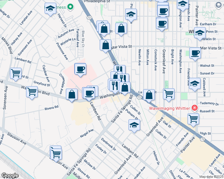 map of restaurants, bars, coffee shops, grocery stores, and more near 12519 Washington Boulevard in Whittier