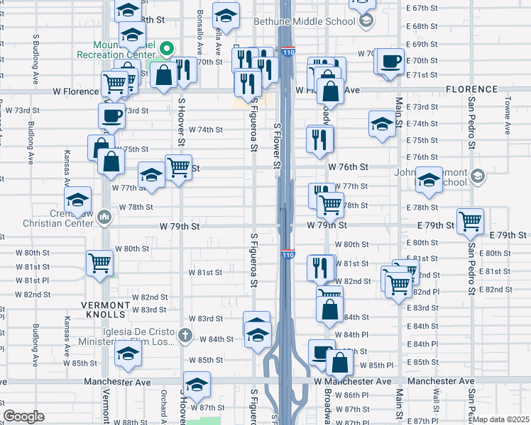 map of restaurants, bars, coffee shops, grocery stores, and more near 7800 South Figueroa Street in Los Angeles