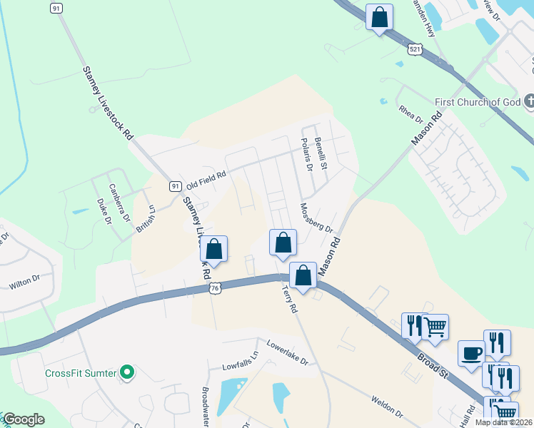 map of restaurants, bars, coffee shops, grocery stores, and more near 2860 Bismuth Drive South in Sumter
