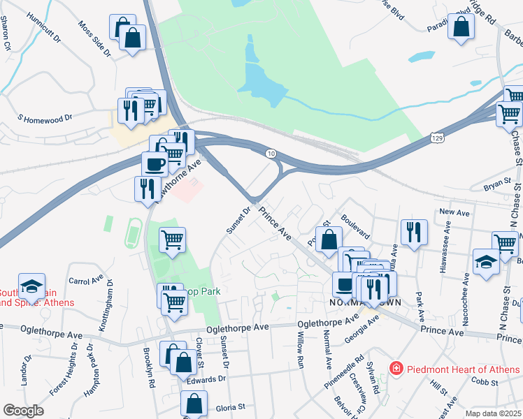 map of restaurants, bars, coffee shops, grocery stores, and more near 2064 Prince Avenue in Athens